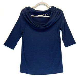 Soft Surroundings Sweater Size Medium Blue Ruched Cowl Neck Short Sleeve